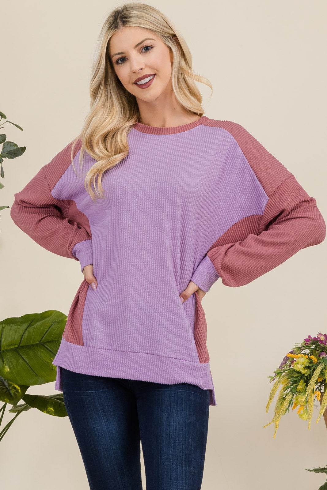 Celeste Full Size High-Low Contrast Round Neck Sweatshirt for a perfect OOTD – dress to impress outfits from Amexza