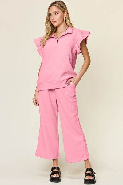 Double Take Texture Ruffle Short Sleeve Top and Drawstring Wide Leg Pants Set Pink for a perfect OOTD – dress to impress outfits from Amexza