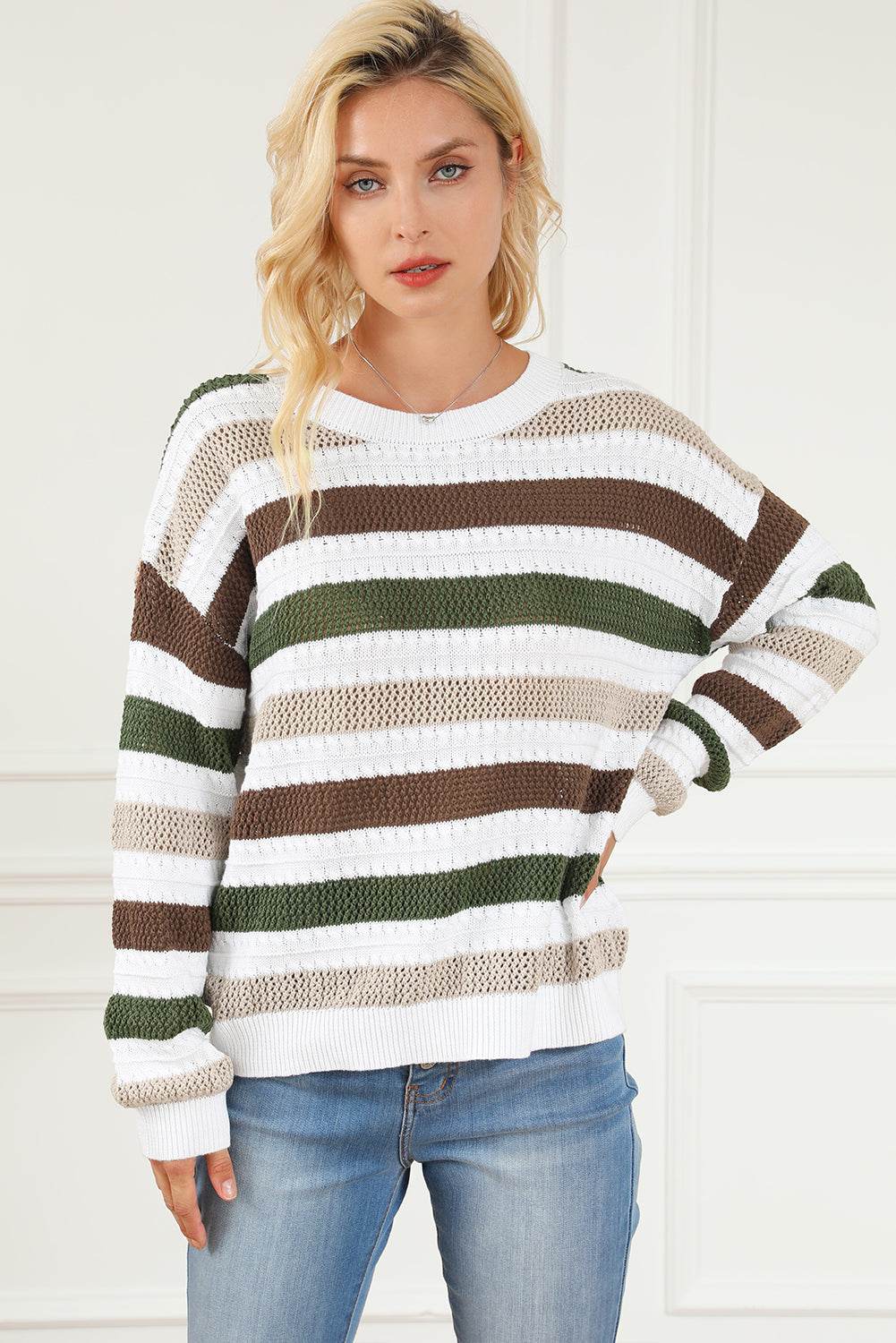 Striped Openwork Dropped Shoulder Sweater for a perfect OOTD – dress to impress outfits from Amexza