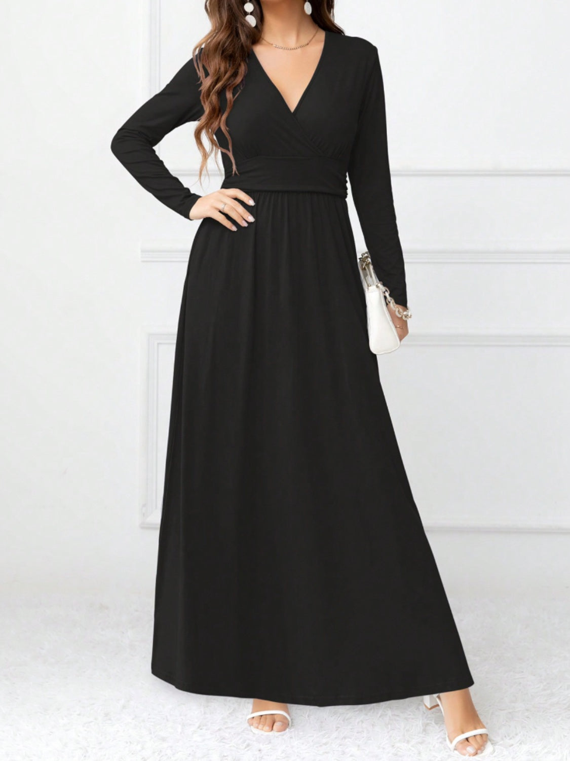 Pocketed Surplice Long Sleeve Maxi Dress - Black / S