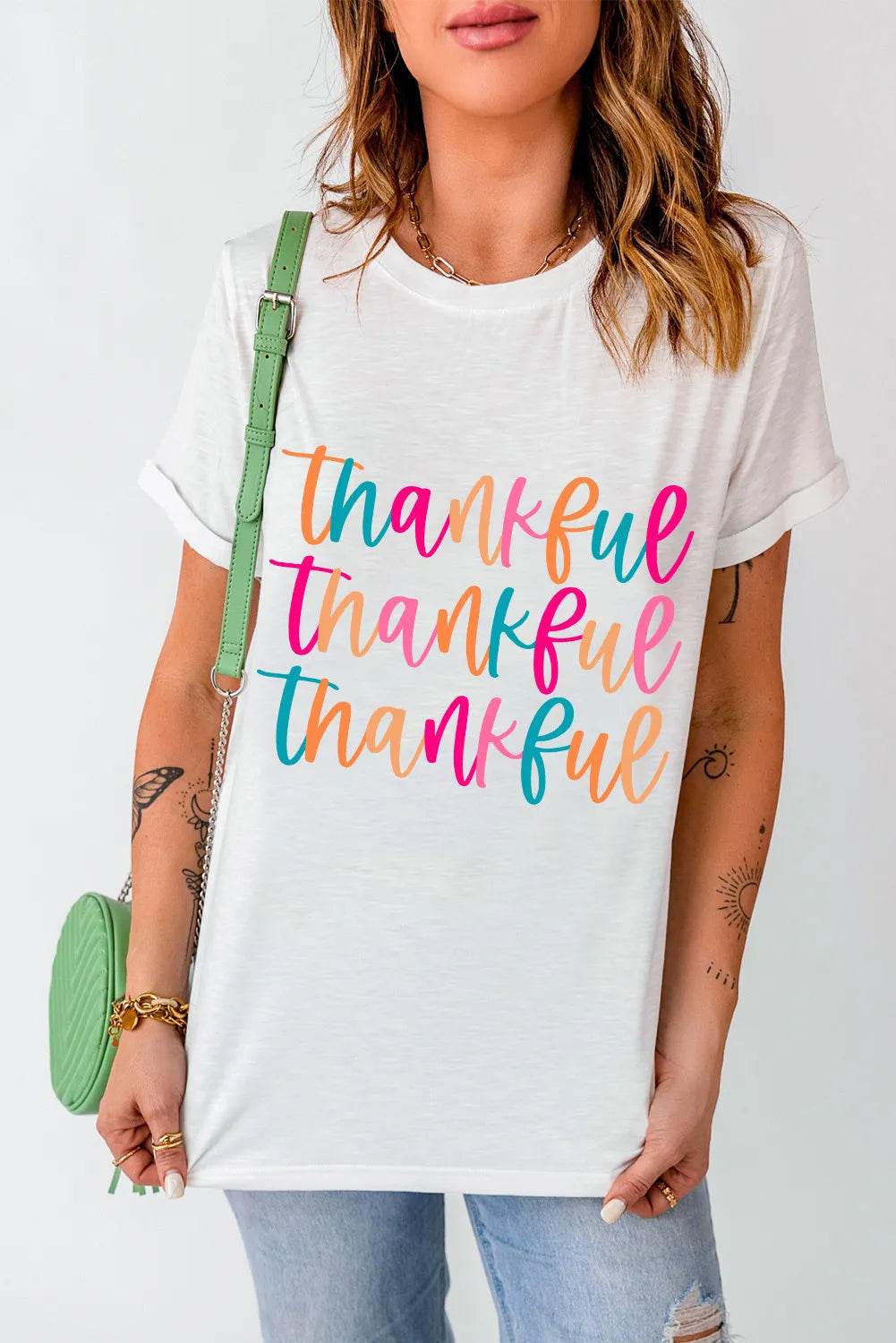 Full Size THANKFUL Round Neck Short Sleeve T-Shirt White for a perfect OOTD – dress to impress outfits from Amexza