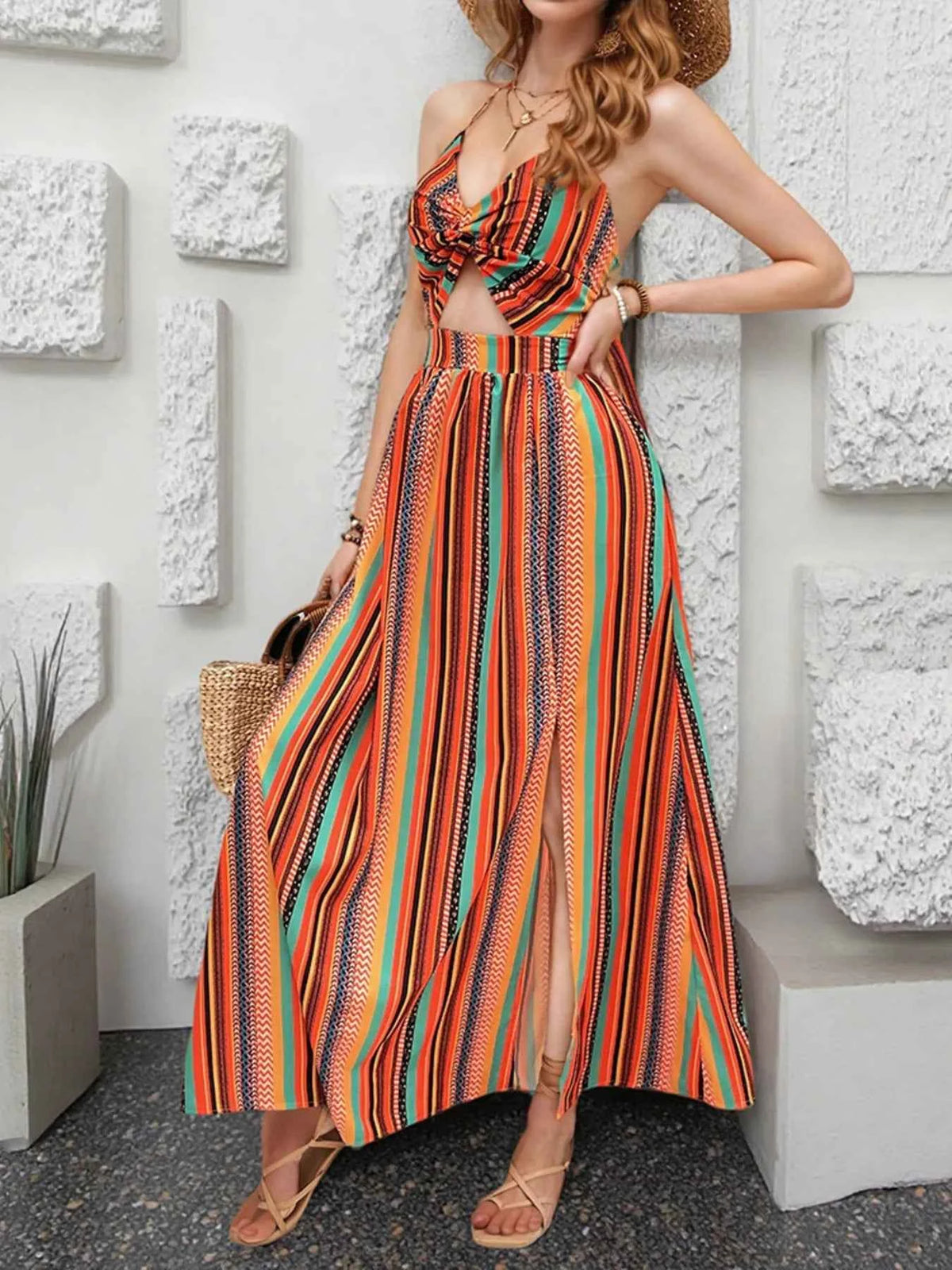 Striped Halter Maxi Dress with Cutout Detail