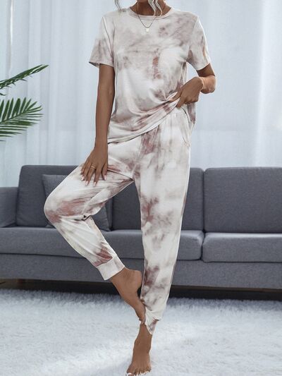 Shiny Tie-Dye Round Neck Short Sleeve Top and Pants Lounge Set for a perfect OOTD – dress to impress outfits from Amexza