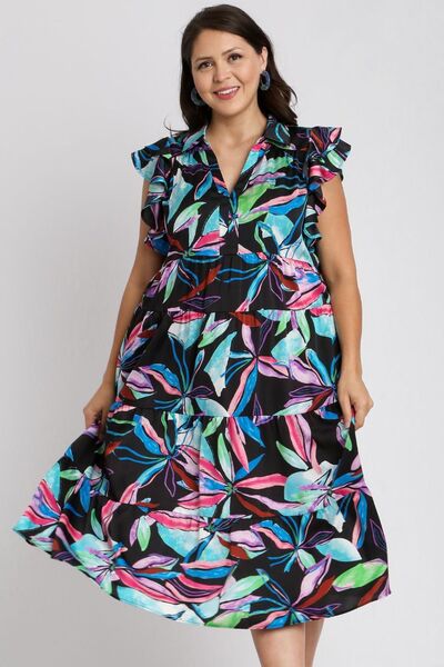 Umgee Full Size Leaf Print Double Layered Ruffle Sleeve Tiered Midi Dress Plus Size for a perfect OOTD – dress to impress outfits from Amexza