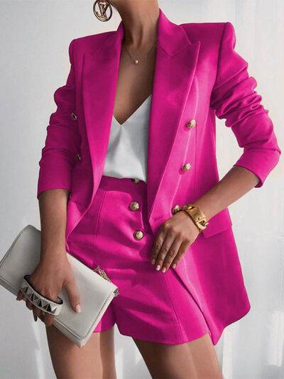 Lapel Collar Long Sleeve Blazer and Shorts Set Hot Pink for a perfect OOTD – dress to impress outfits from Amexza