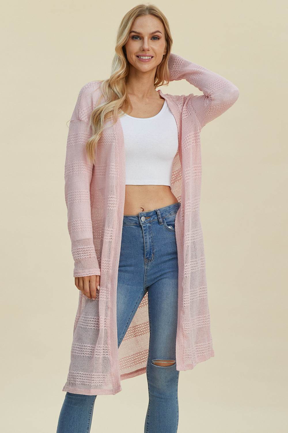 Double Take Full Size Open Front Longline Cardigan for a perfect OOTD – dress to impress outfits from Amexza