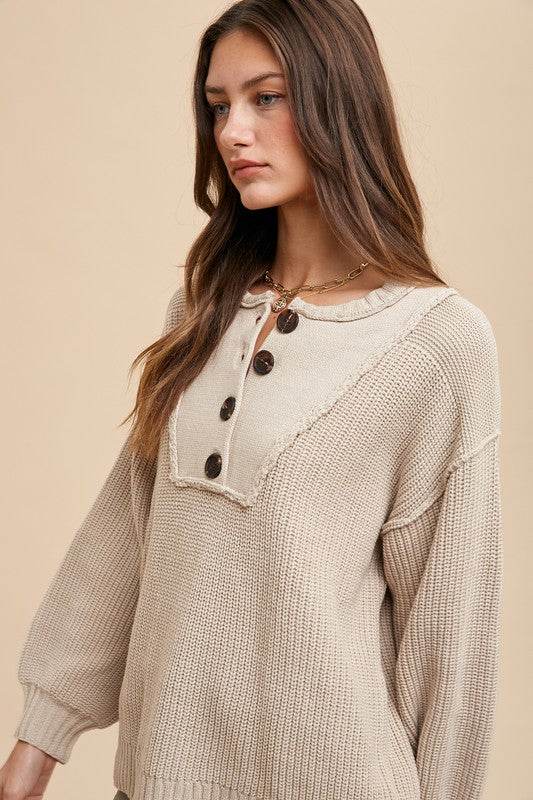 Annie Wear Half Button Ribbed Hem Sweater for a perfect OOTD – dress to impress outfits from Amexza