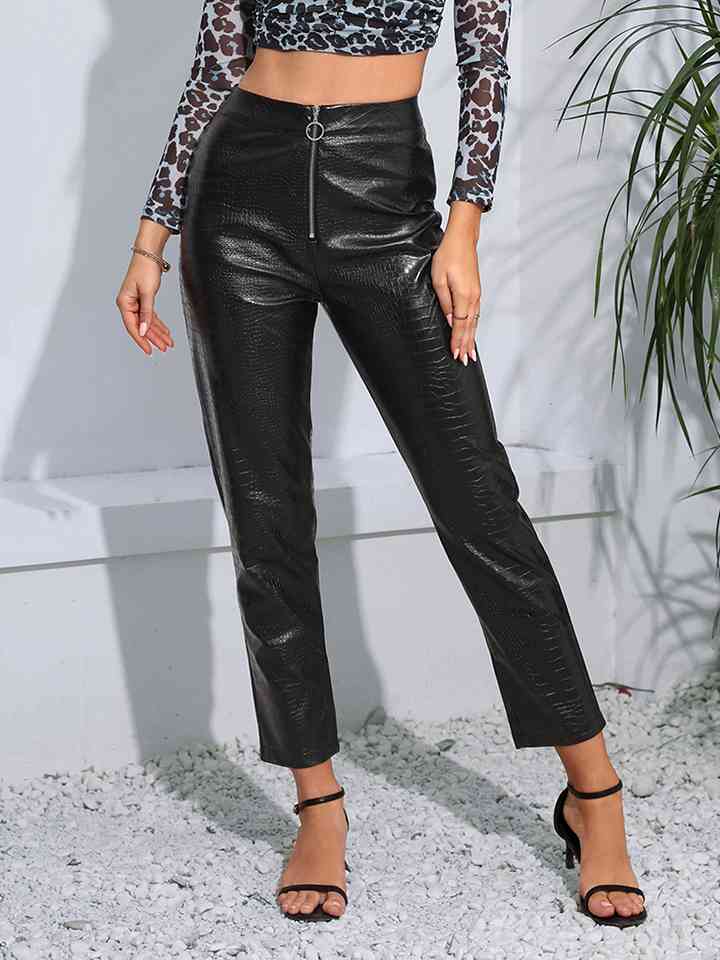 Zip-Up High Waist Straight Leg Pants - Amexza