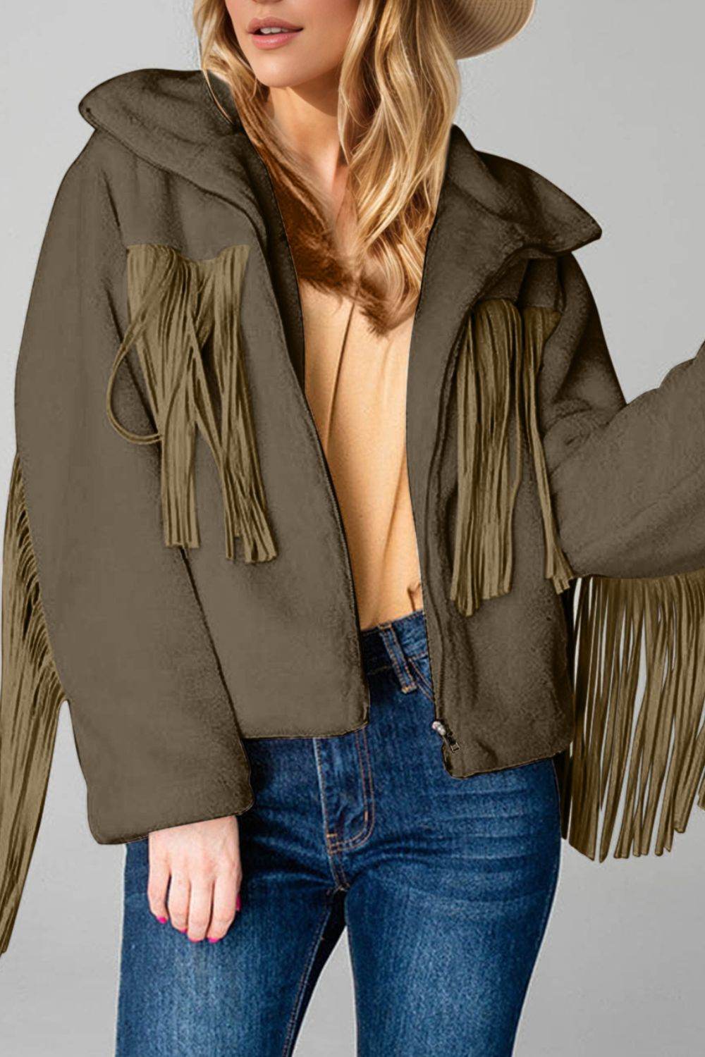 Fringed Zip Up Fleece Jacket Olive Brown for a perfect OOTD – dress to impress outfits from Amexza