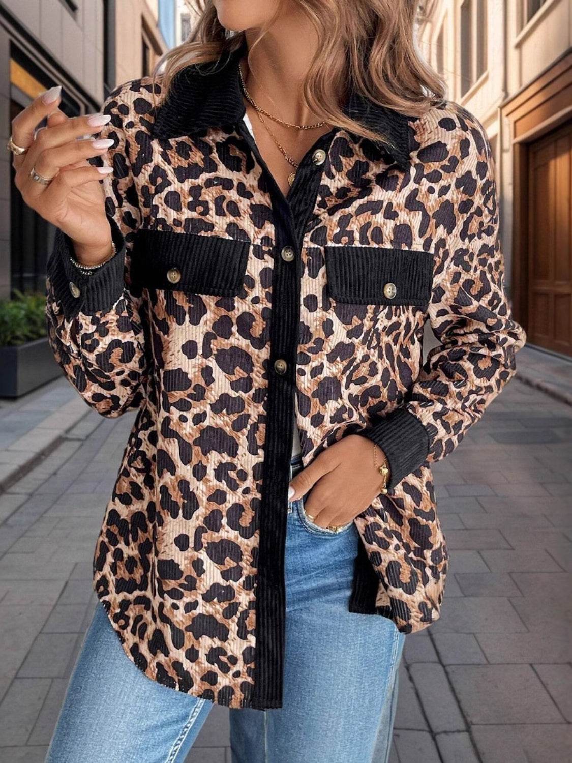 Leopard Collared Neck Button Up Shacket Leopard for a perfect OOTD – dress to impress outfits from Amexza