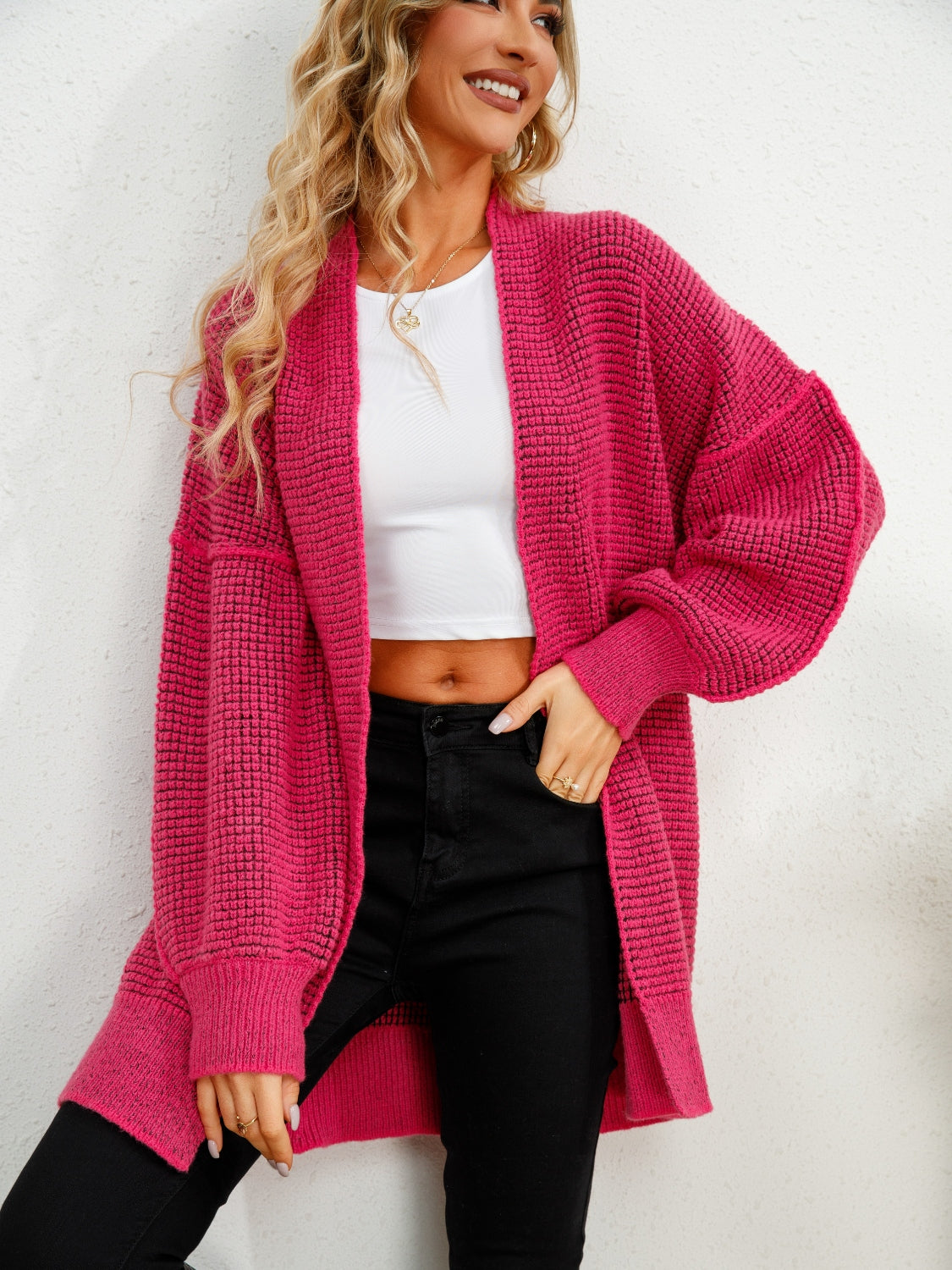 Open Front Dropped Shoulder Cardigan Hot Pink for a perfect OOTD – dress to impress outfits from Amexza