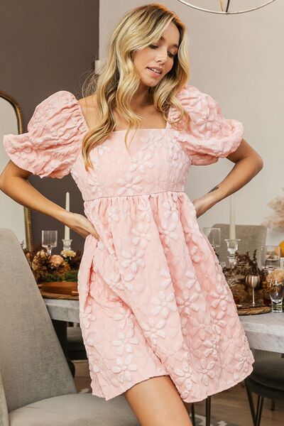 BiBi Flower Square Neck Puff Sleeve Dress Blush for a perfect OOTD – dress to impress outfits from Amexza