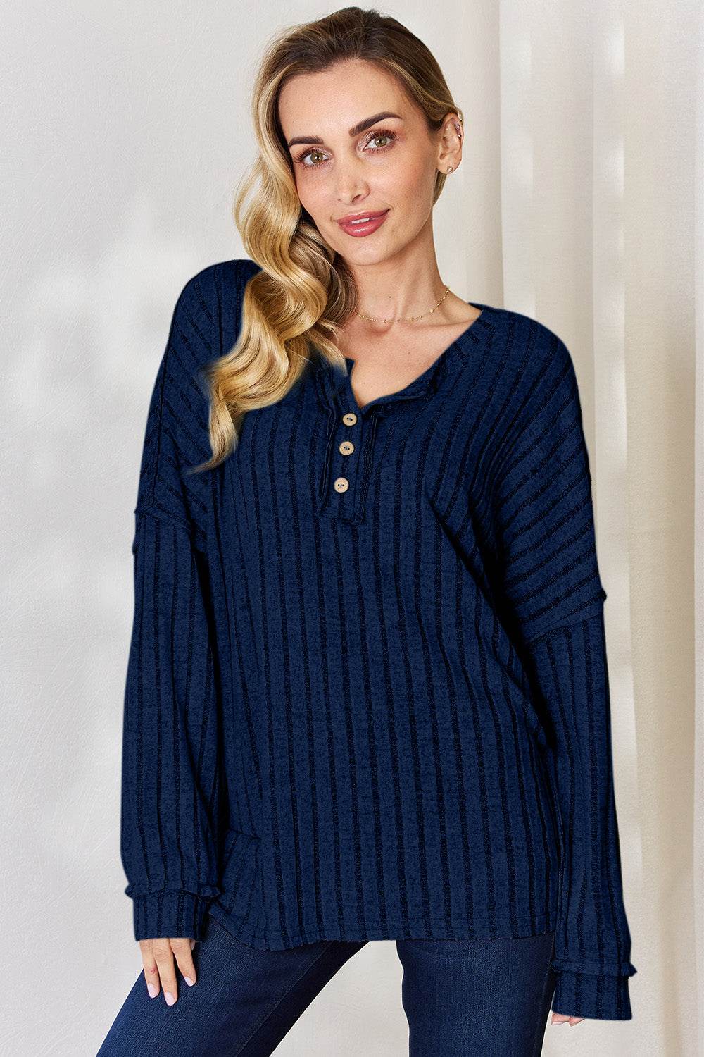 Basic Bae Full Size Ribbed Half Button Long Sleeve T-Shirt Dark Blue for a perfect OOTD – dress to impress outfits from Amexza