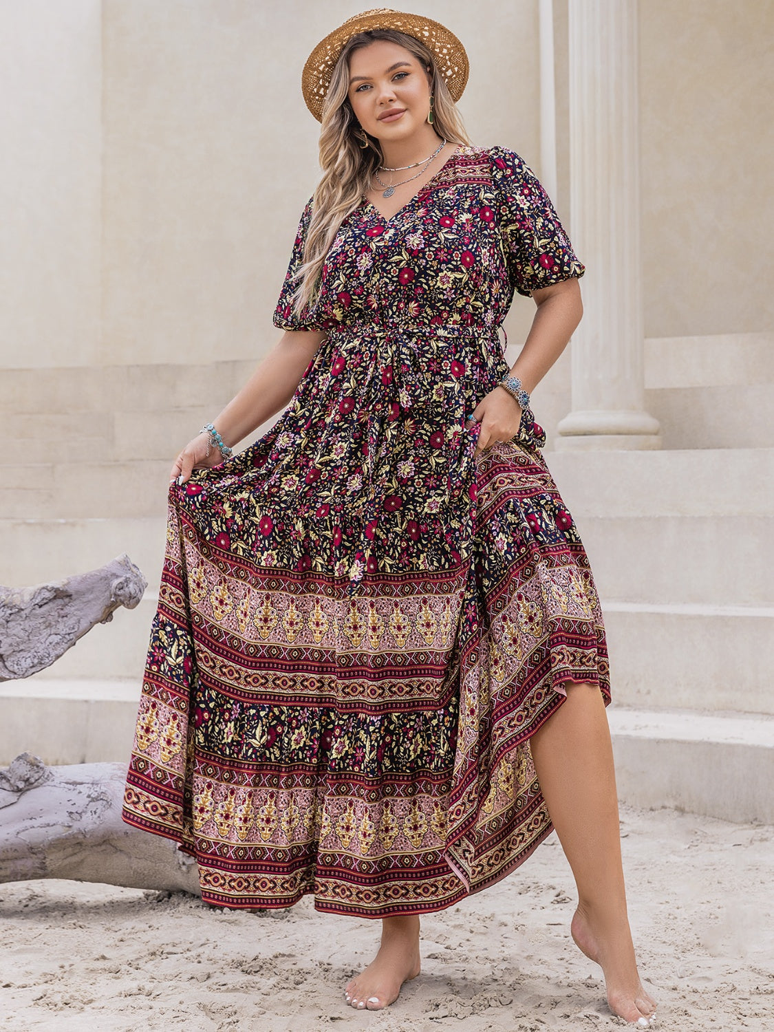 Plus Size Printed V-Neck Short Sleeve Maxi Dress - Burgundy / 0XL