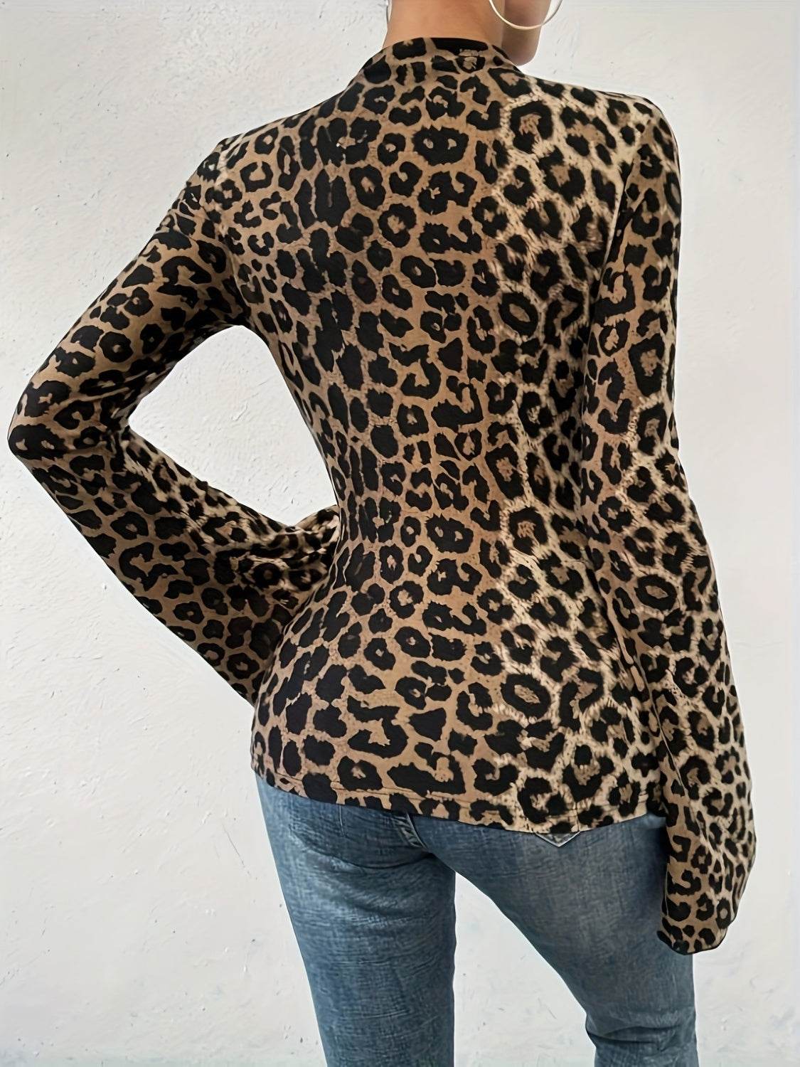 Leopard Mock Neck Flare Sleeve Top for a perfect OOTD – dress to impress outfits from Amexza