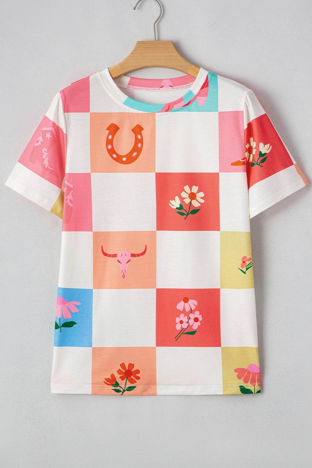 Checker Print Round Neck Short Sleeve T-Shirt - Amexza