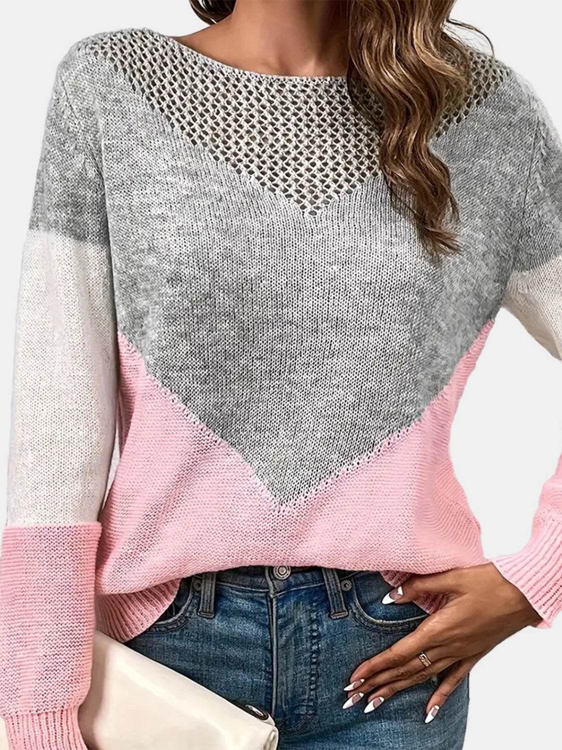 Openwork Contrast Round Neck Long Sleeve Knit Top - Amexza