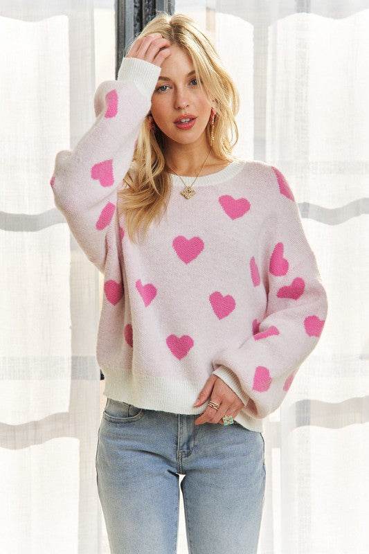 ADORA Heart Round Neck Drop Shoulder Sweater OFF WHITE PINK for a perfect OOTD – dress to impress outfits from Amexza