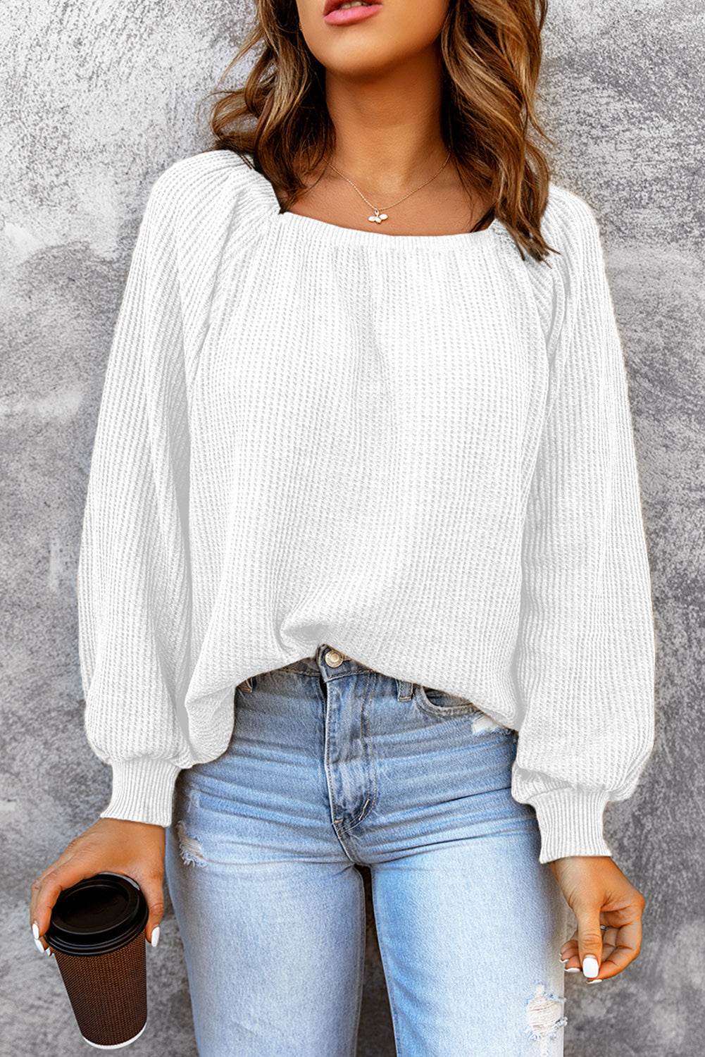 Square Neck Waffle-Knit Top - Amexza