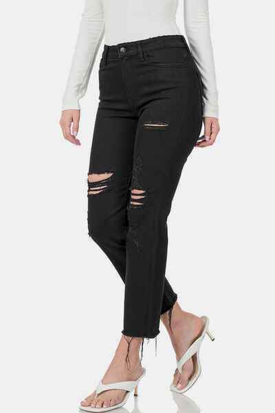 Zenana Distressed Raw Hem Cropped Jeans for a perfect OOTD – dress to impress outfits from Amexza