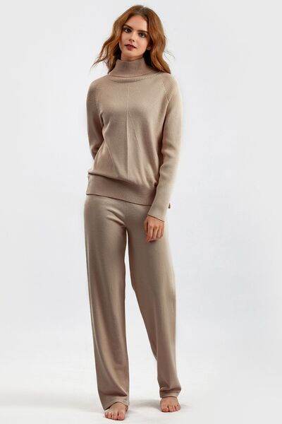 Basic Bae Turtleneck Raglan Sleeve Top and Pants Sweater Set Tan One Size for a perfect OOTD – dress to impress outfits from Amexza