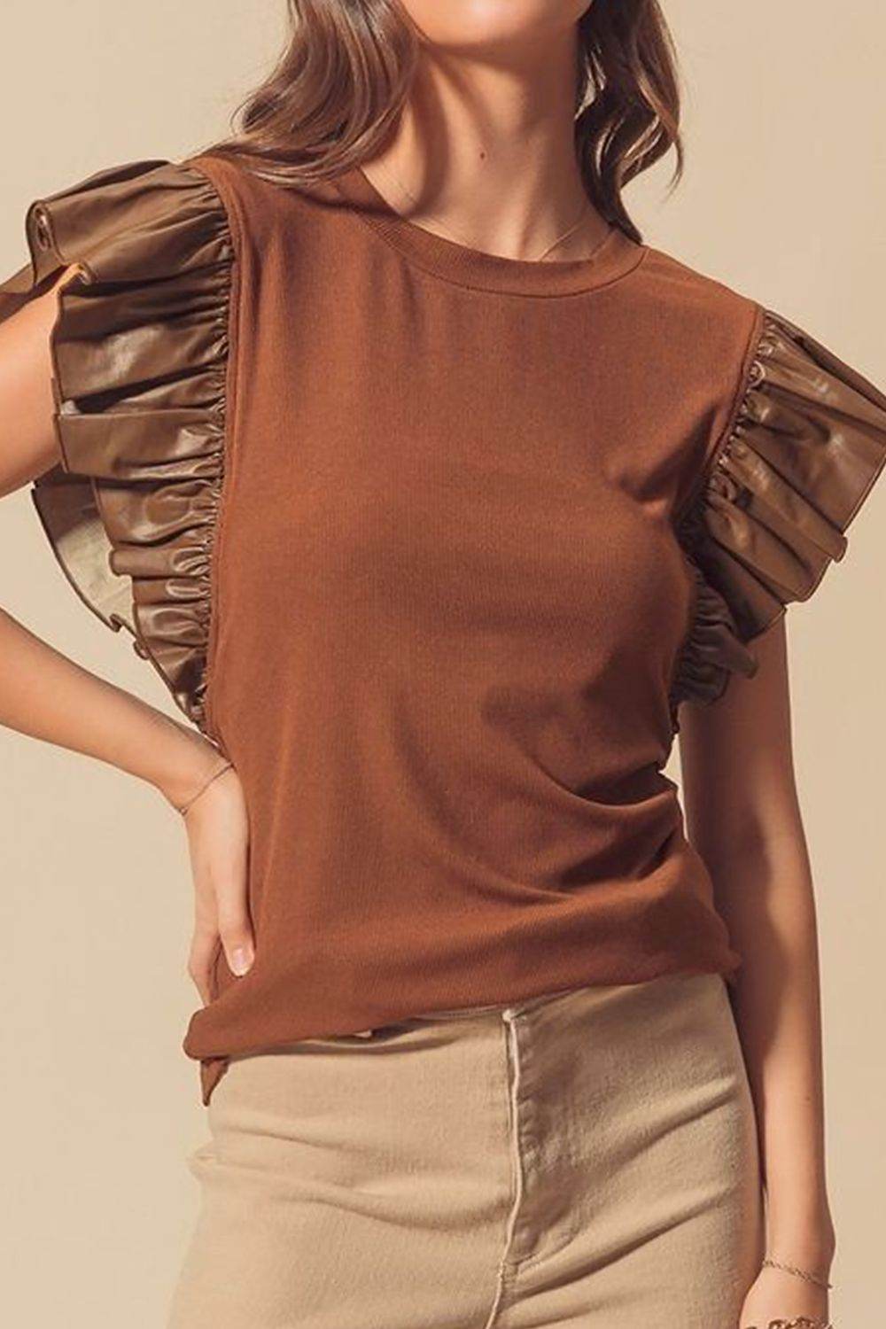 Ruffled Round Neck Cap Sleeve Blouse Brown for a perfect OOTD – dress to impress outfits from Amexza