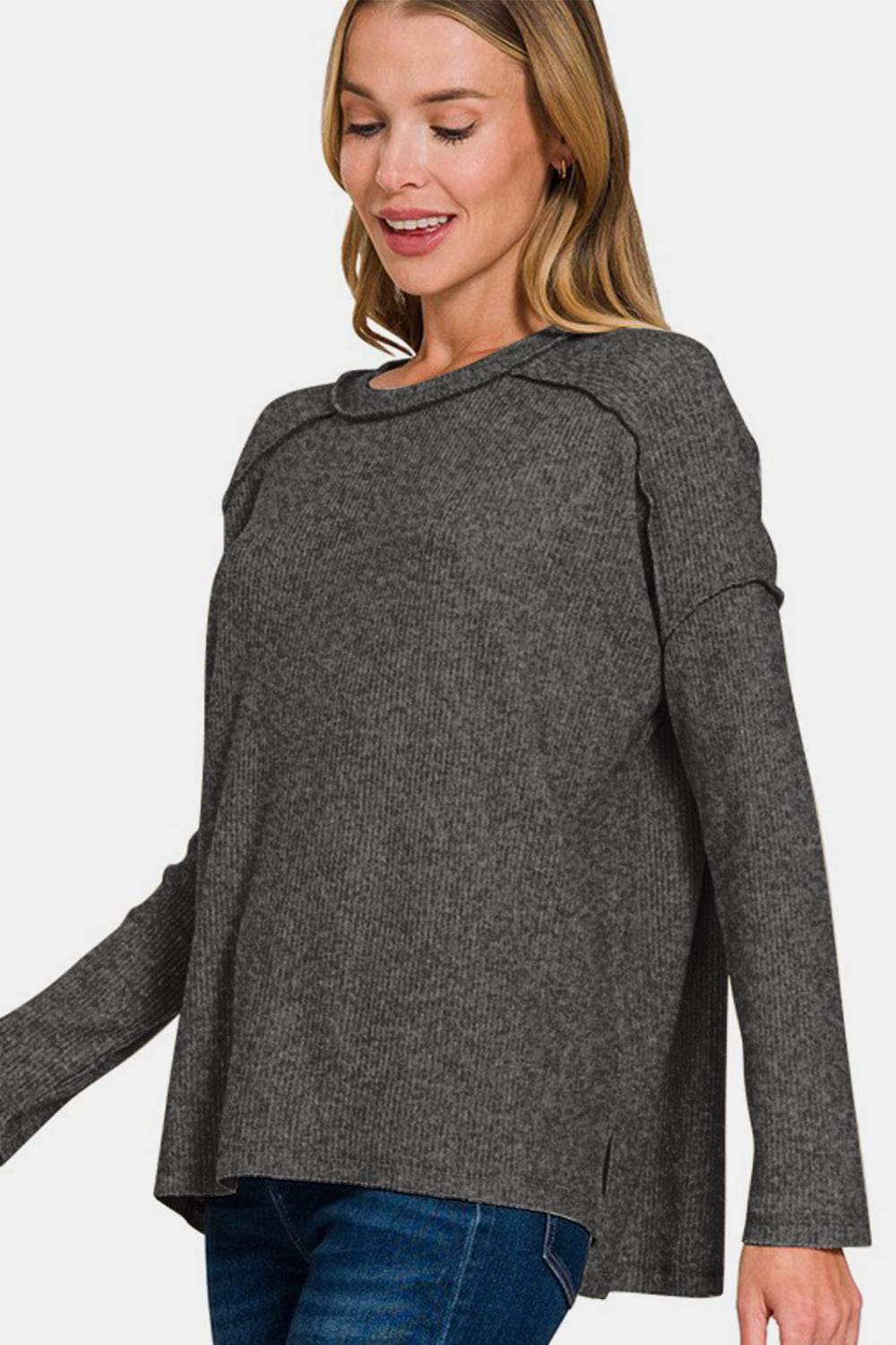 Zenana Full Size Exposed Seam Brushed Round Neck Sweater for a perfect OOTD – dress to impress outfits from Amexza