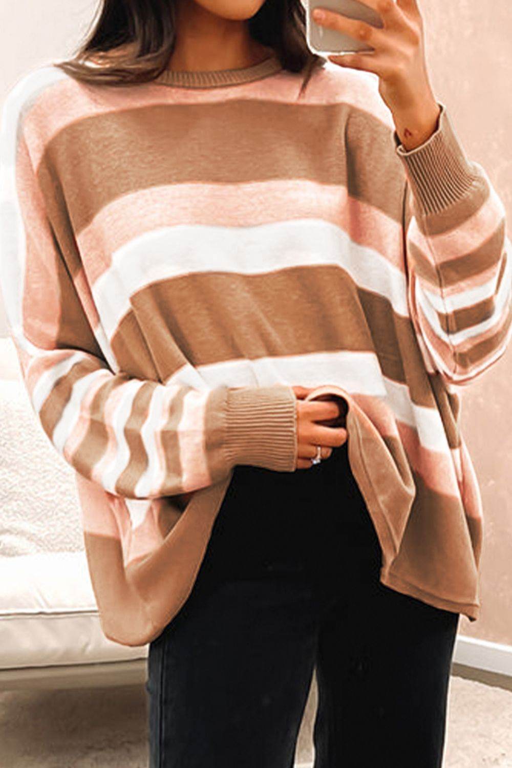 Striped Round Neck Long Sleeve Sweater for a perfect OOTD – dress to impress outfits from Amexza