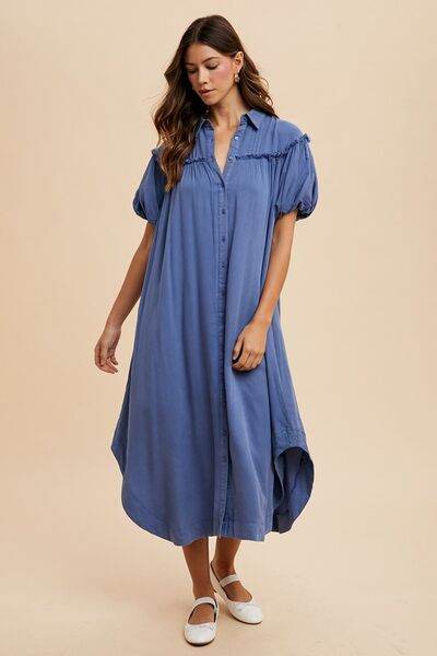 Annie Wear Mineral Washed Button Down Puff Sleeve Shirt Dress Peacock Blue for a perfect OOTD – dress to impress outfits from Amexza