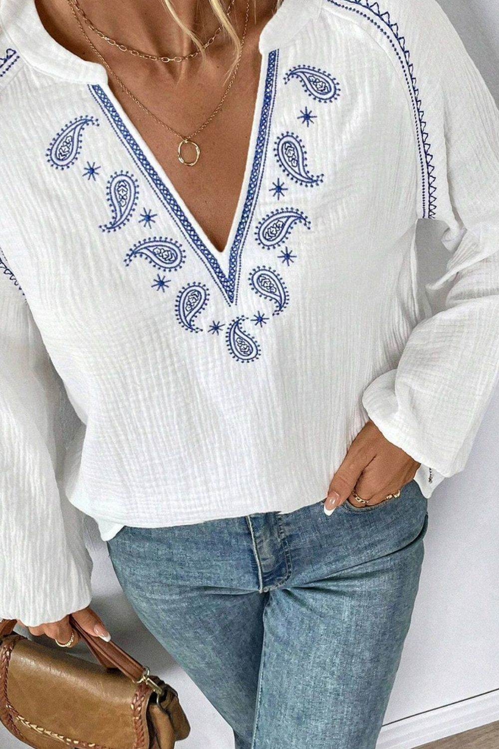 Embroidered Notched Long Sleeve Blouse for a perfect OOTD – dress to impress outfits from Amexza