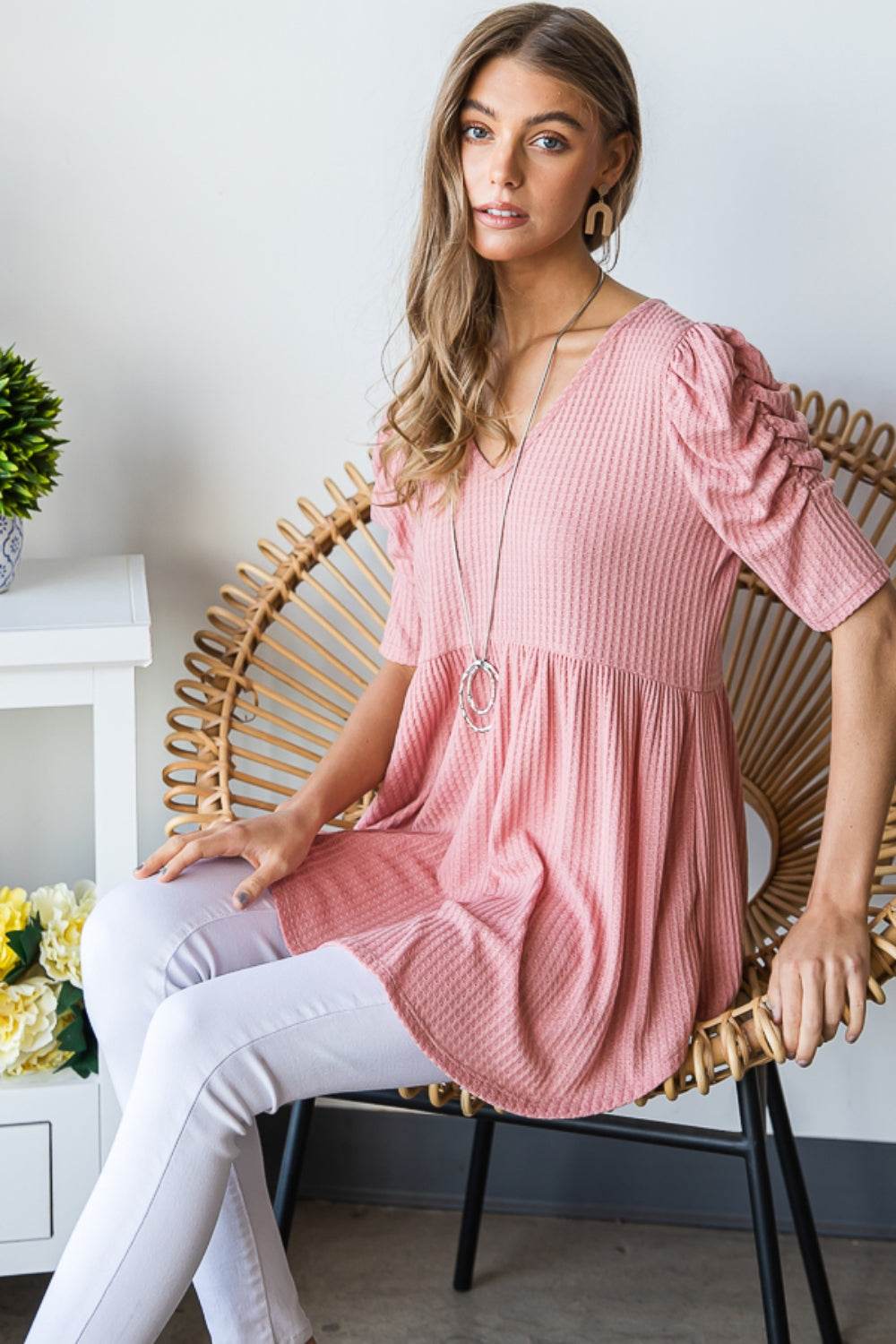 Heimish Full Size Waffle Knit V-Neck Babydoll Top for a perfect OOTD – dress to impress outfits from Amexza