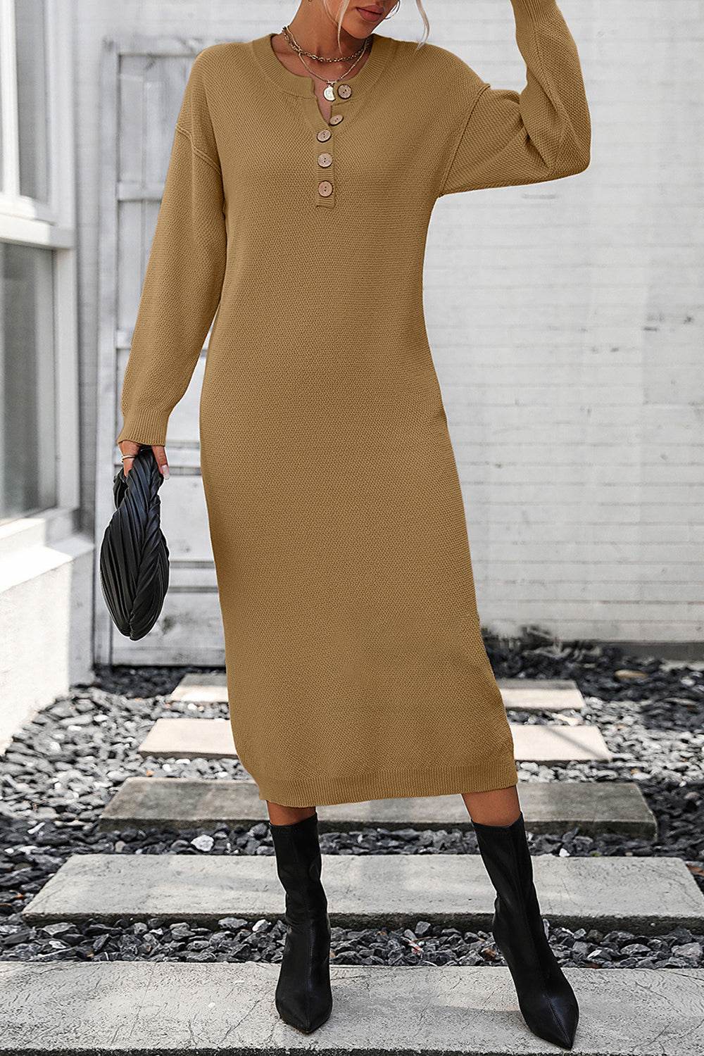 Decorative Button Notched Dropped Shoulder Sweater Dress for a perfect OOTD – dress to impress outfits from Amexza