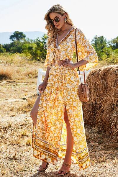 Printed Half Sleeve Top and Slit Skirt Set Tangerine for a perfect OOTD – dress to impress outfits from Amexza