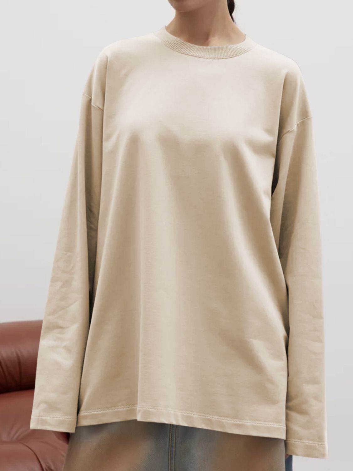 Round Neck Dropped Shoulder Long Sleeve T-Shirt - Amexza