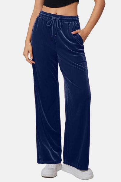 Drawstring Elastic Waist Straight Leg Pants - Amexza