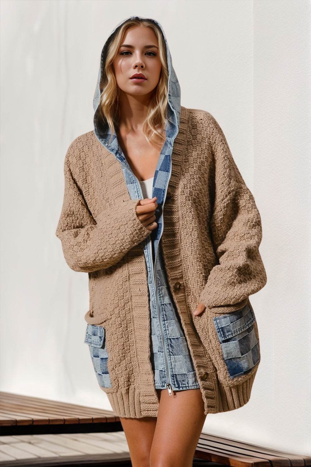 Double Take Full Size Hooded Denim Spliced Sweater Cardigan Camel for a perfect OOTD – dress to impress outfits from Amexza