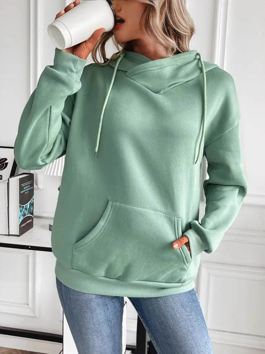 Drawstring Long Sleeve Hoodie with Kangaroo Pocket for a perfect OOTD – dress to impress outfits from Amexza