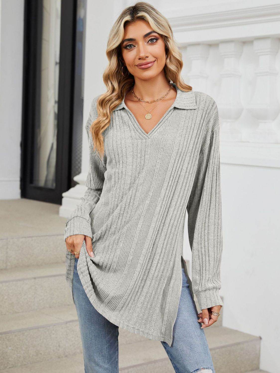 Slit Johnny Collar Long Sleeve T-Shirt - Amexza