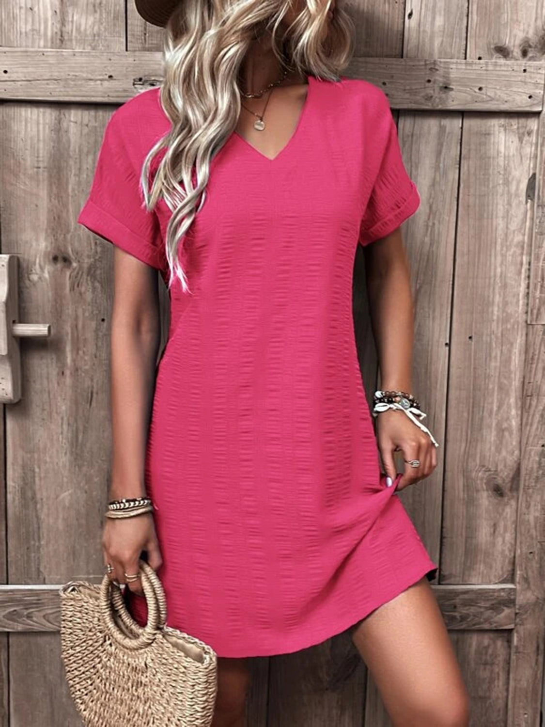 Full Size V-Neck Short Sleeve Mini Dress - Hot Pink / S