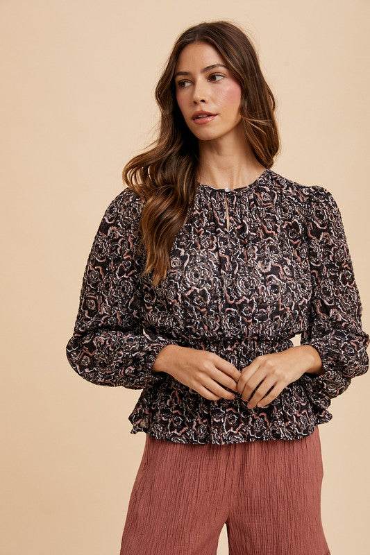 Annie Wear Abstract Print Balloon Sleeve Peplum Blouse for a perfect OOTD – dress to impress outfits from Amexza