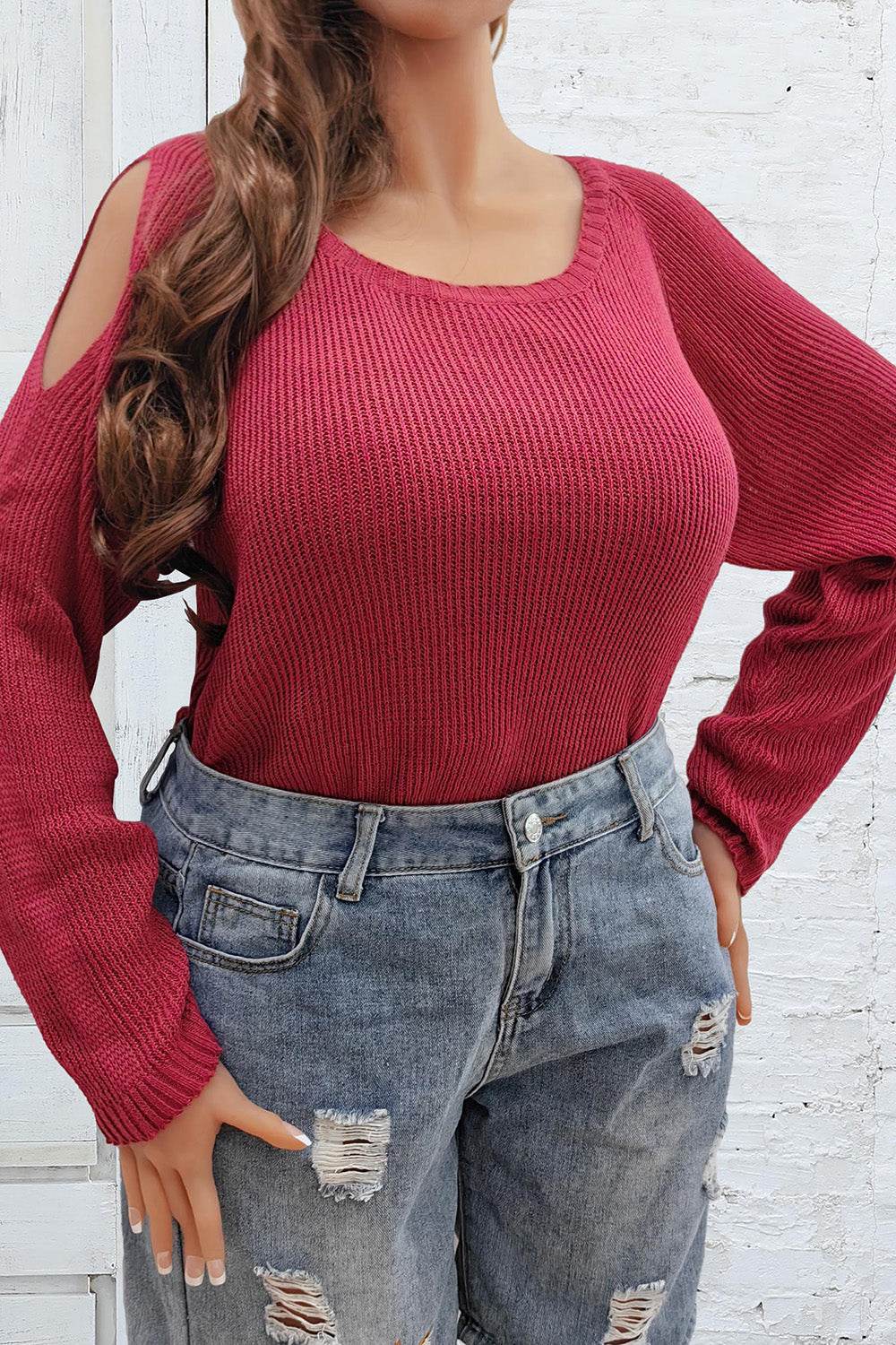 Plus Size Cold Shoulder Round Neck Sweater - Amexza