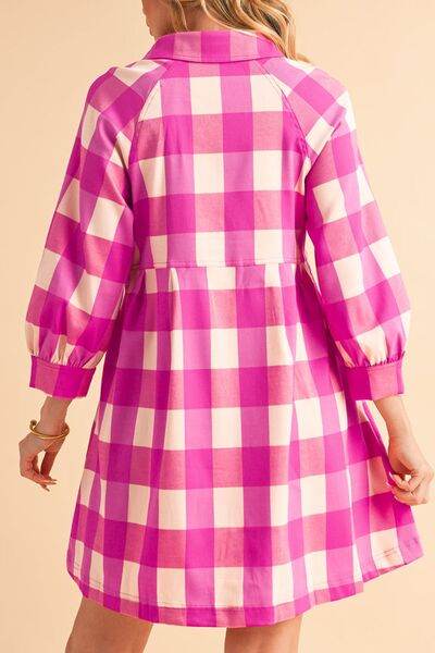 Ruched Plaid Three-Quarter Sleeve Shirt Dress for a perfect OOTD – dress to impress outfits from Amexza