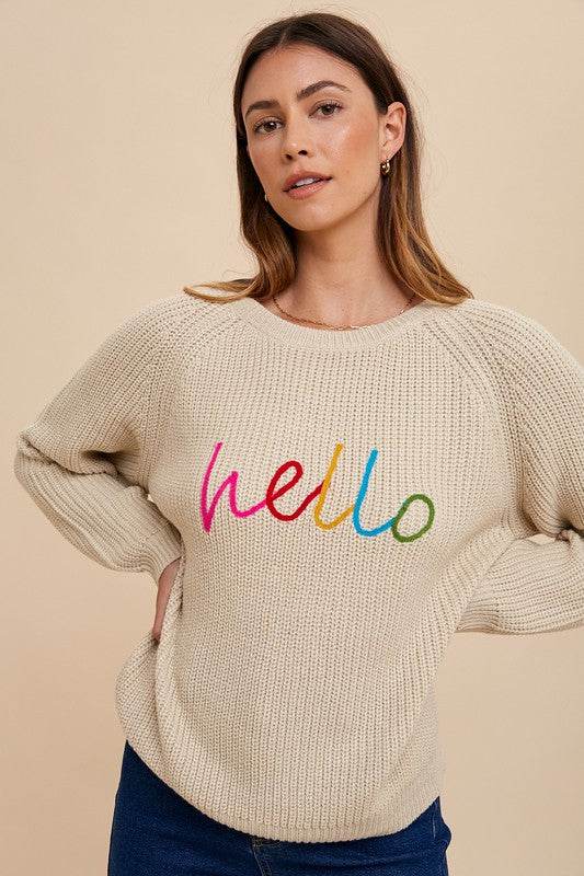 Annie Wear HELLO Embroidered Raglan Sleeve Sweater for a perfect OOTD – dress to impress outfits from Amexza