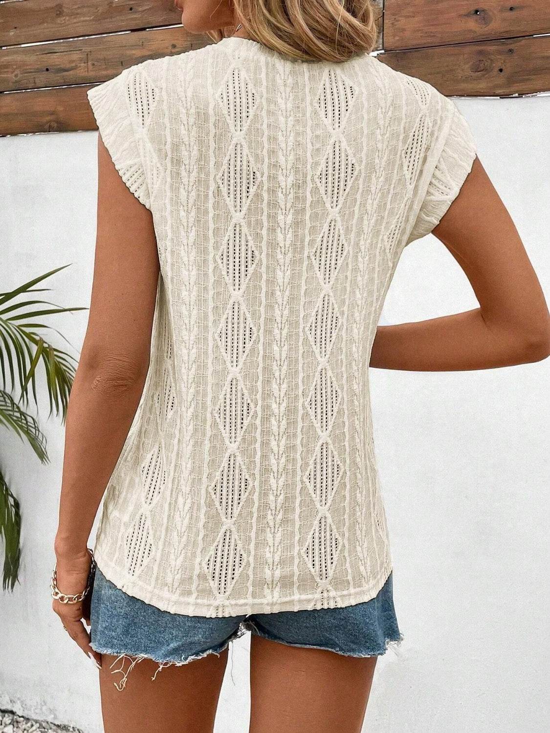 Openwork Round Neck Cap Sleeve Top for a perfect OOTD – dress to impress outfits from Amexza