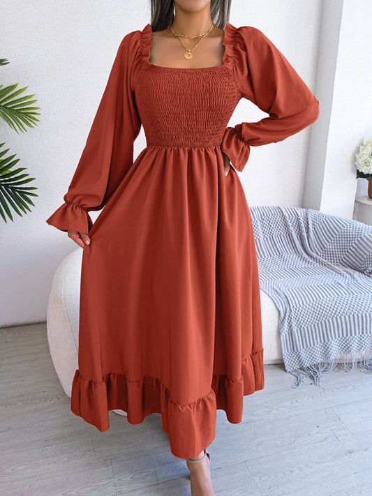 Smocked Square Neck Flounce Sleeve Dress - Orange-Red / S