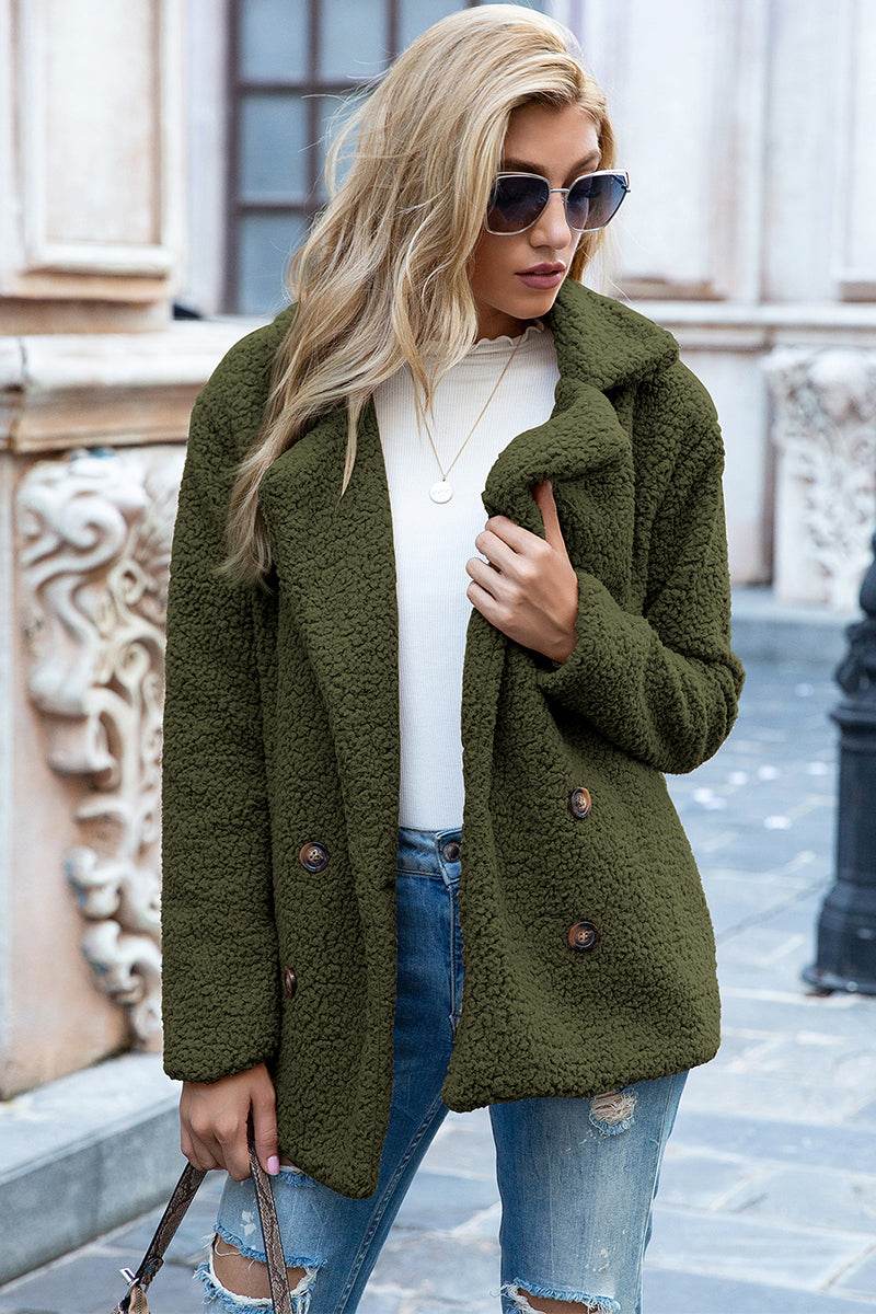 Ivy Lane Full Size Lapel Collar Sherpa Coat Army Green for a perfect OOTD – dress to impress outfits from Amexza