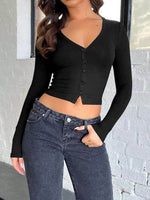 Buttoned V-Neck Long Sleeve T-Shirt - Amexza