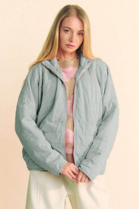 Davi & Dani Quilted Zip Up Dropped Shoulder Jacket GREY BLUE for a perfect OOTD – dress to impress outfits from Amexza