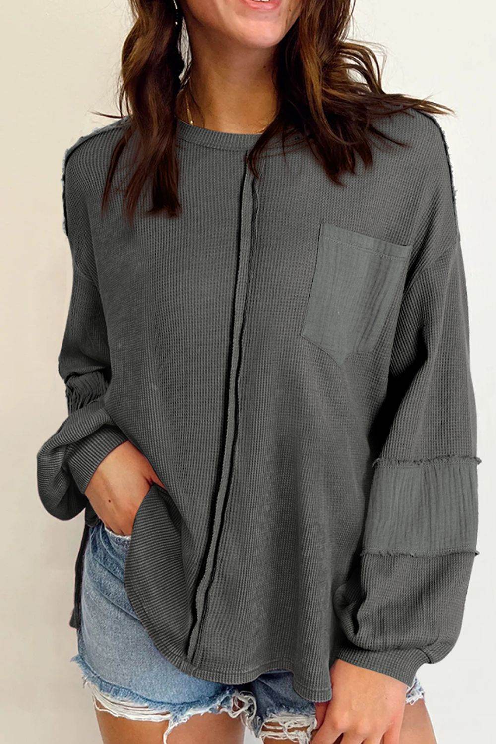 Exposed Seam Round Neck Long Sleeve Sweatshirt - Amexza