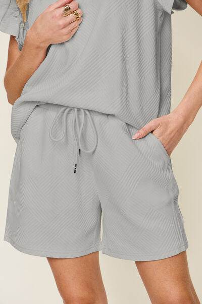 Double Take Full Size Texture Flounce Sleeve Top and Drawstring Shorts Set for a perfect OOTD – dress to impress outfits from Amexza